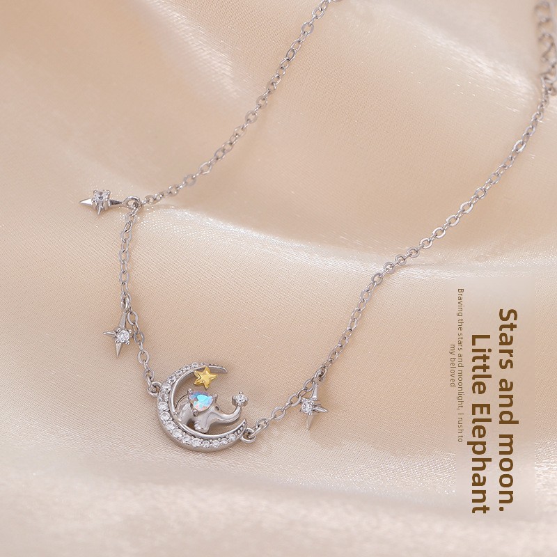 Original Star and Moon Elephant Bracelet for Women, 925 Sterling Silver, Niche Instagram-Style Bracelet, Creative Design, Trendy Moonstone Jewelry, 925 Sterling Silver, Niche Instagram-Style Bracelet, Creative Design, Trendy Moonstone Jewelry
