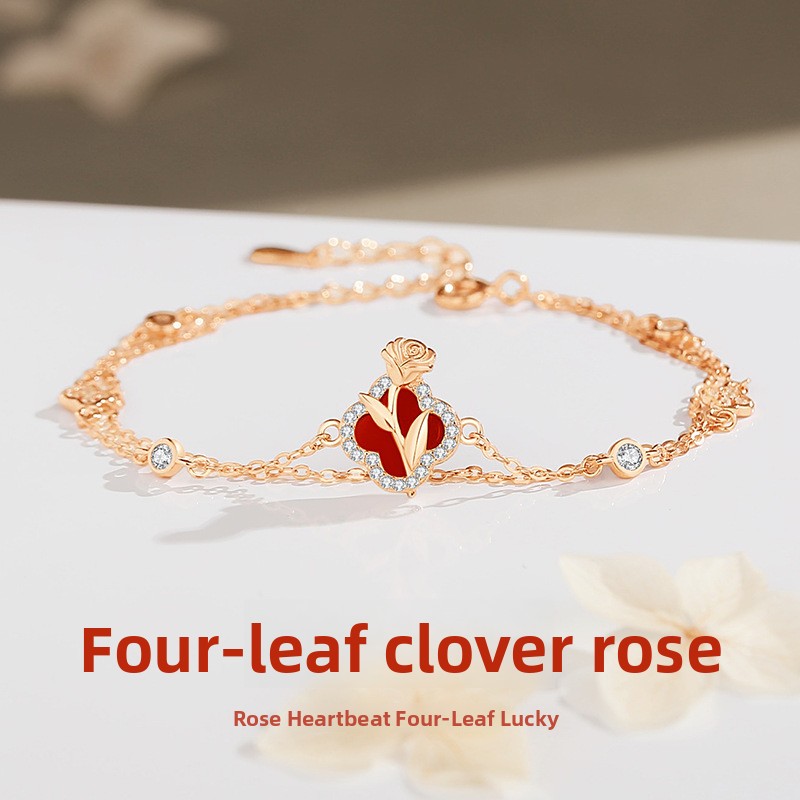 Original four-leaf clover rose bracelet for women, sterling silver, forest style, small fragrance, red agate bracelet, rose gold flower jewelry