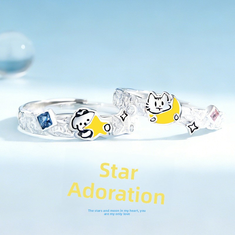 Original star and moon cat and dog couple rings, unique and cute, perfect for girls, a pet-themed ring collection, a best friend ring, a great gift