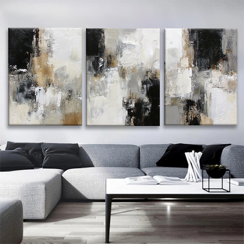 Hand-Painted and Hand-Drawn Abstract Oil Painting Triptych in Black, White, and Warm Beige Tones| Textured Modern Wall Art for Living Room, Bedroom, Hallway, or Office| Calming Contemporary Decor and a Refined Seasonal Holiday Gift