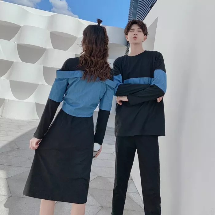 Couple denim hoodie sweatshirt clothing college fashion korean style lovers women dress family look matching clothes outfit wear