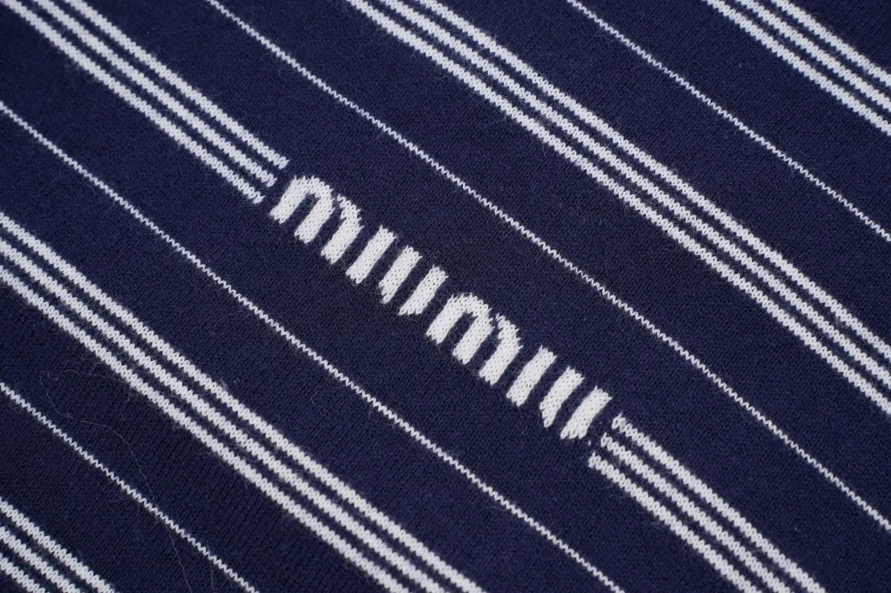 Miu Miu Navy Stripe Logo Intarsia Long Sleeve Polo Shirt product photo from LabelPicks