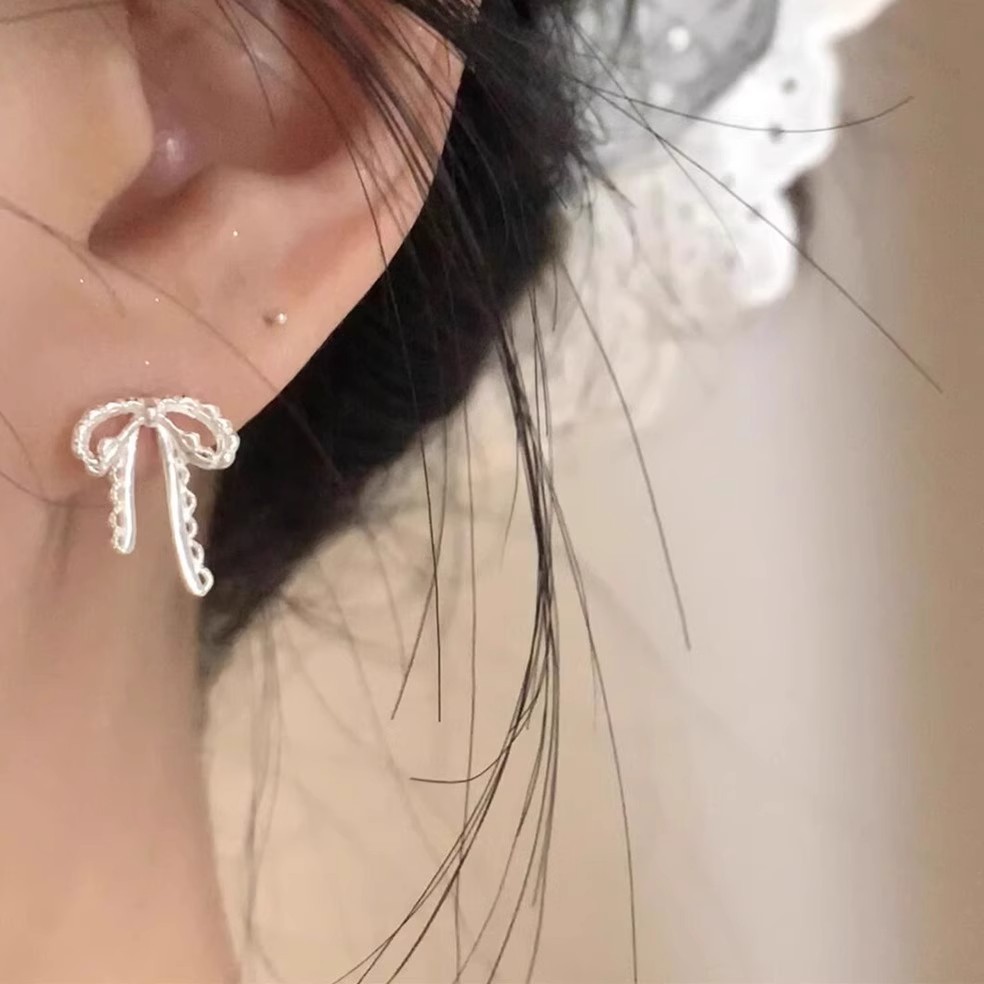 925 Sterling Silver Bow Stud Earrings| Delicate Lace Design