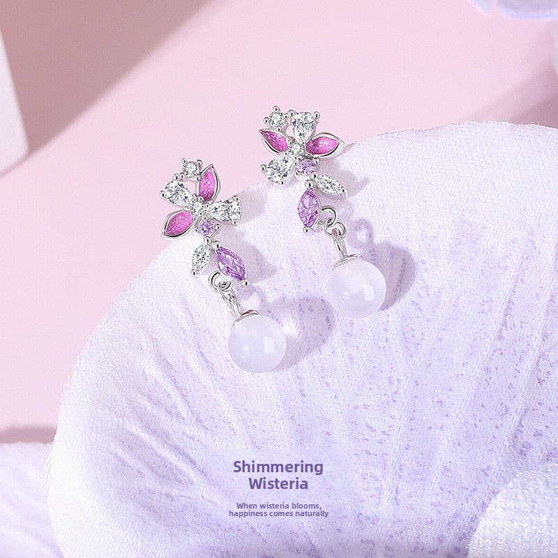 Original sparkling wisteria flower earrings for women, sterling silver, forest-style floral tassel chalcedony earrings, small and fresh enamel earrings