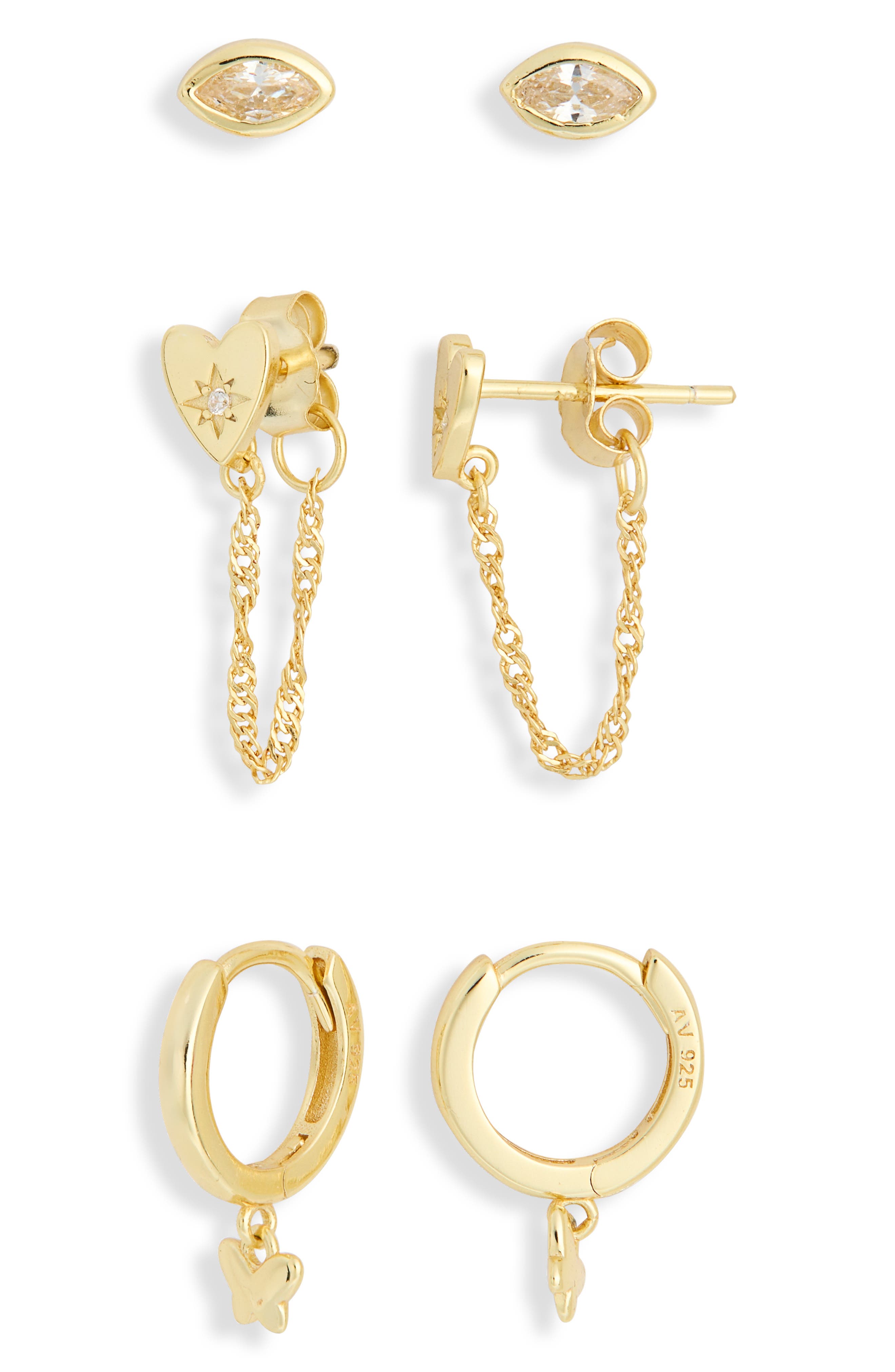 ARGENTO VIVO Set of 3 Stud & Huggie Hoop Drop Earrings