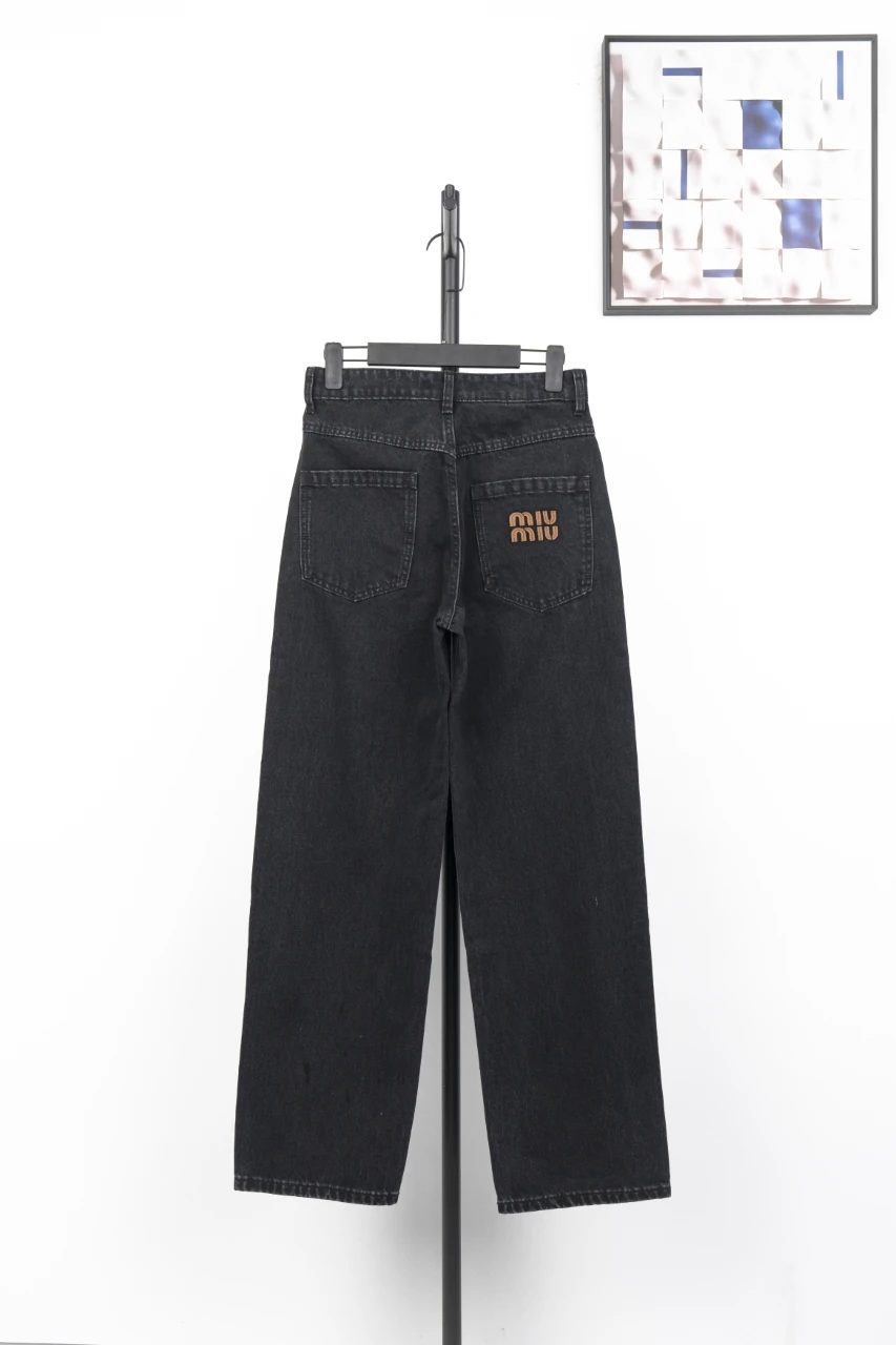 Miu Miu Black Leather Panel Straight Denim Jeans product photo from LabelPicks