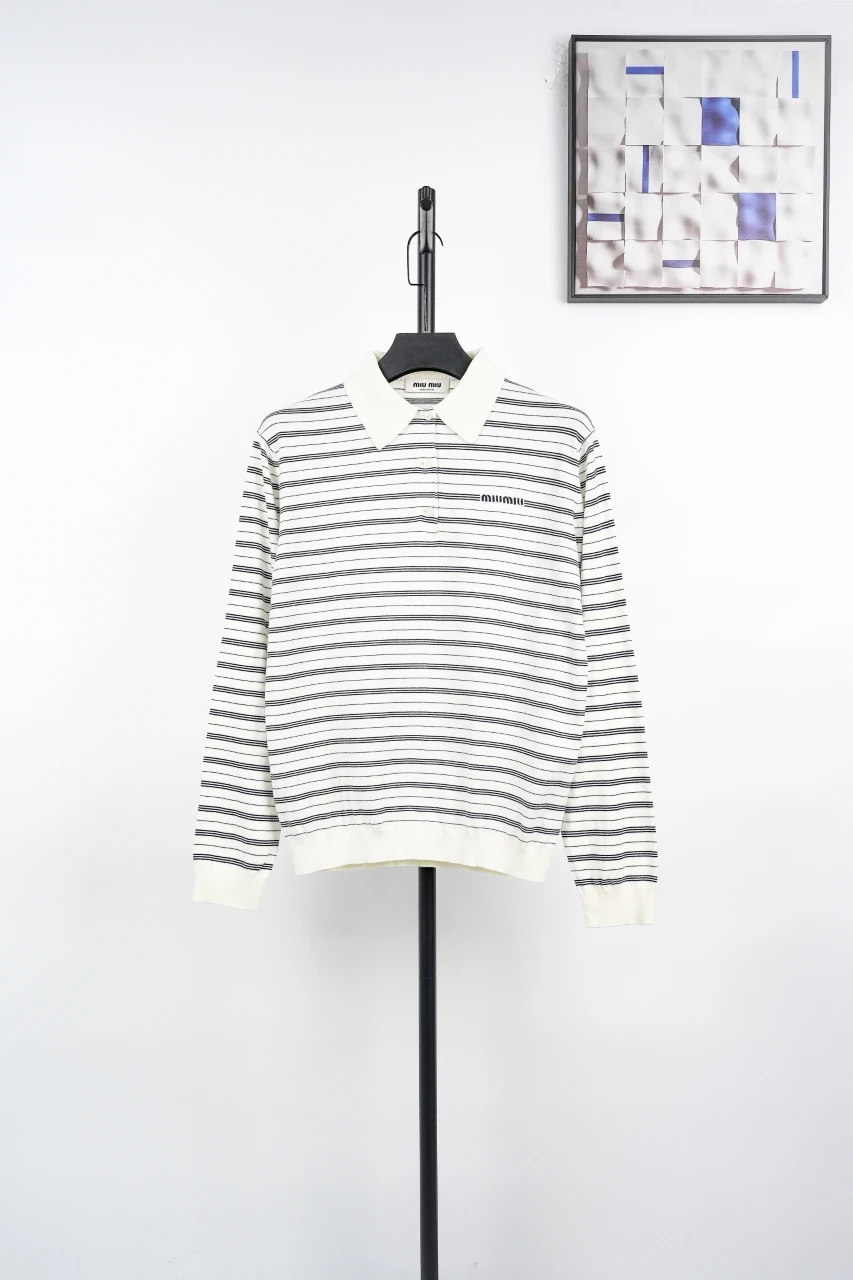 Miu Miu White Black Stripe Logo Intarsia Long Sleeve Polo Shirt product photo from LabelPicks