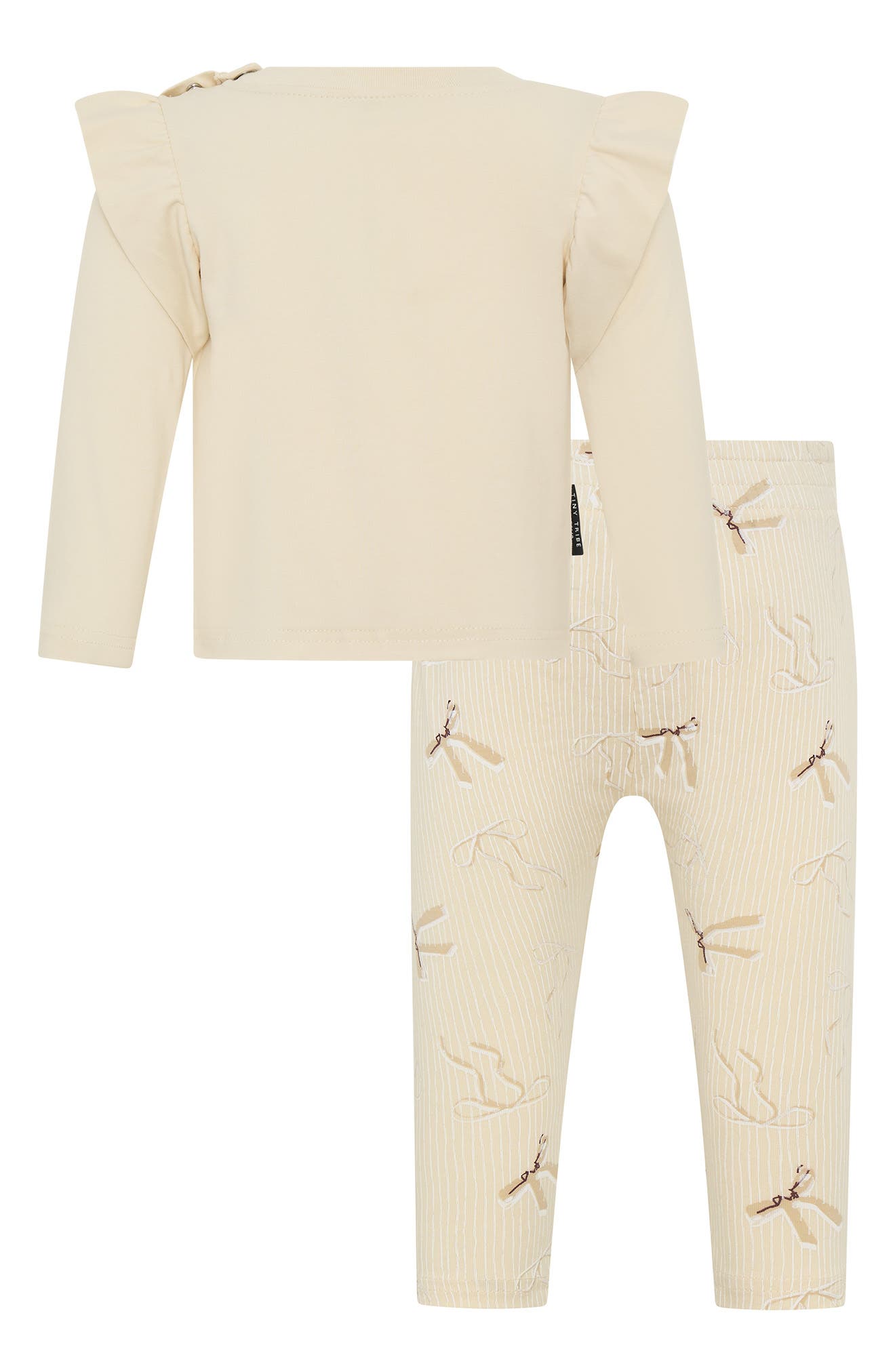 TINY TRIBE Bow Print Ruffle Top & Stripe Leggings Set