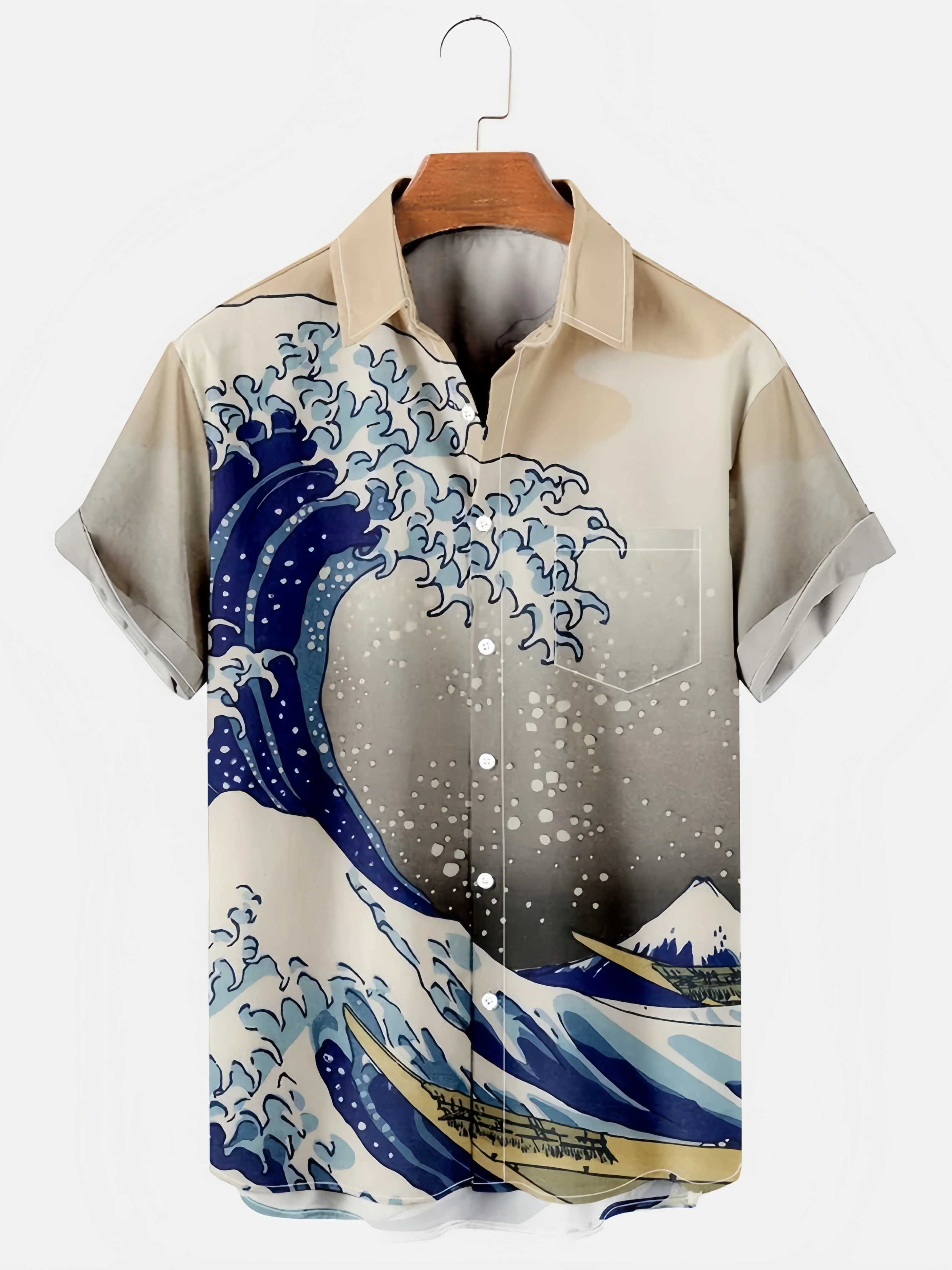 Mens Japanese Ukiyoe Wave Print Casual Breathable Chest Pocket Short Sleeve Hawaiian Shirt