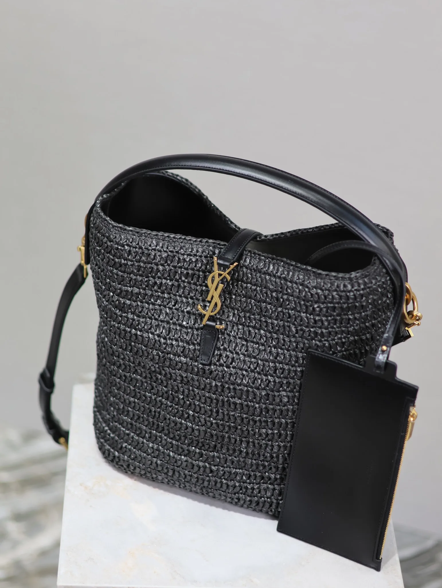 Saint Laurent Black Straw Woven Bucket Bag product photo from LabelPicks