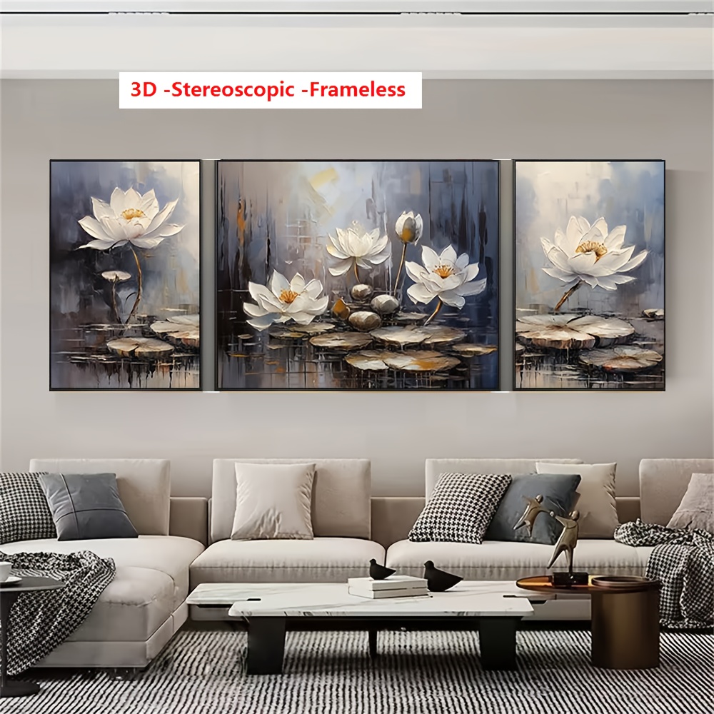 3D Stereoscopic Frameless Hand-Painted Lotus Triptych |   High-Quality 3-Piece Joint Oil Painting with Thick Knife Texture |   Modern Wealth Attraction Art for Living Room, Bedroom, Entrance Hall |   Large Multiple Sizes, Ready to Hang