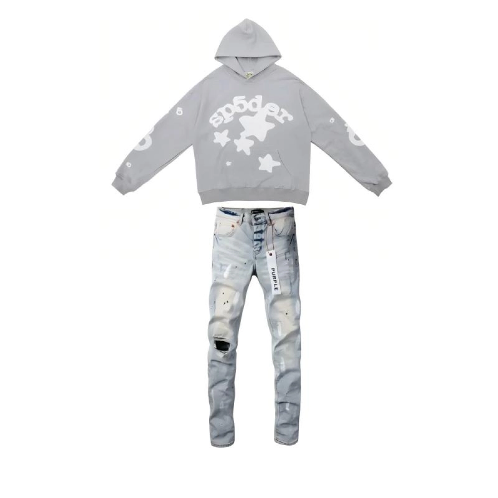 Sp5der Beluga Hoodie Heather Grey + Purple Brand Fashion Men Jeans 2