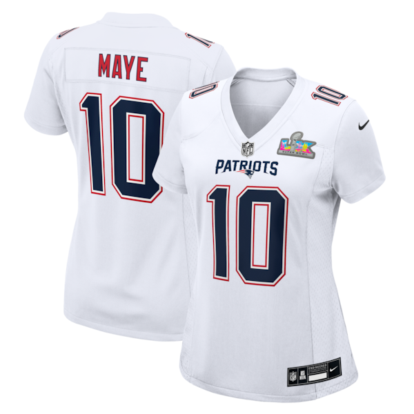 Women's New England Patriots Drake Maye Nike Super Bowl LX Patch Tundra Fashion Game Jersey - White/Black/Silver