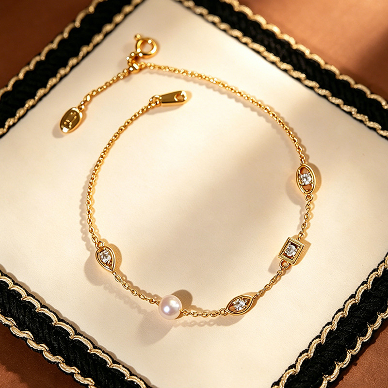 925 sterling silver irregular geometric pearl bracelet, French-style, chic and elegant, 18k gold-plated jewelry