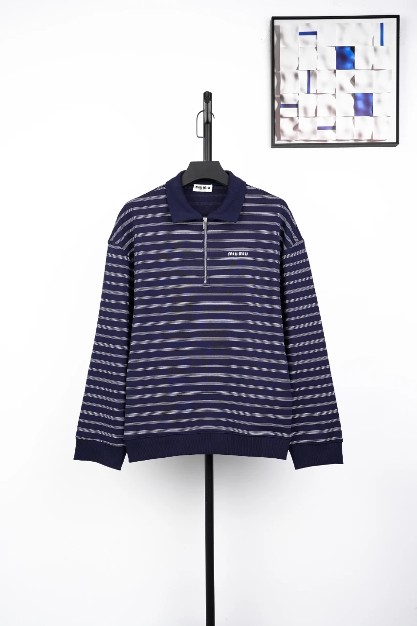 Miu Miu Navy Stripe Logo Half Zip Polo Sweatshirt product photo from LabelPicks