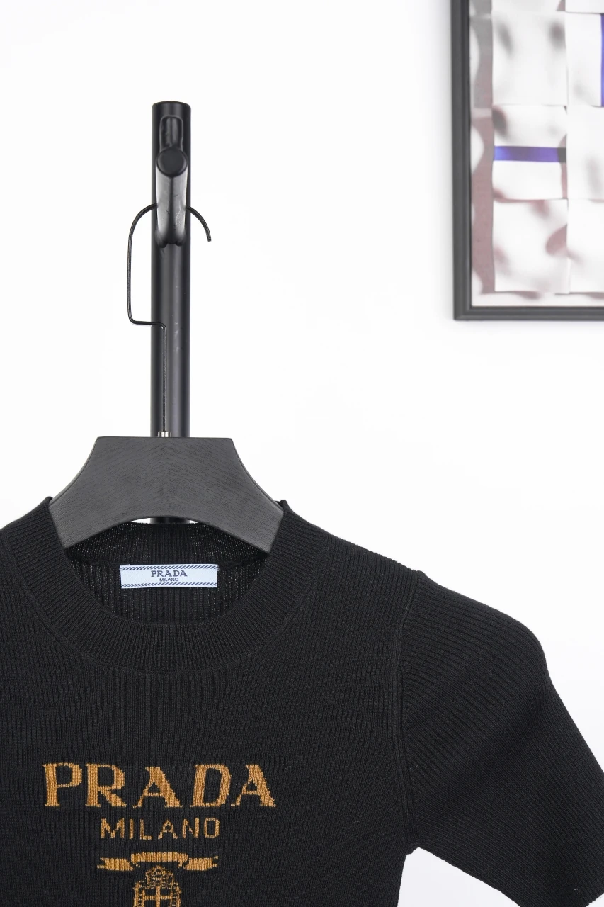 Prada Black Gold Logo Embroidered Half-Sleeve Knit Top product photo from LabelPicks