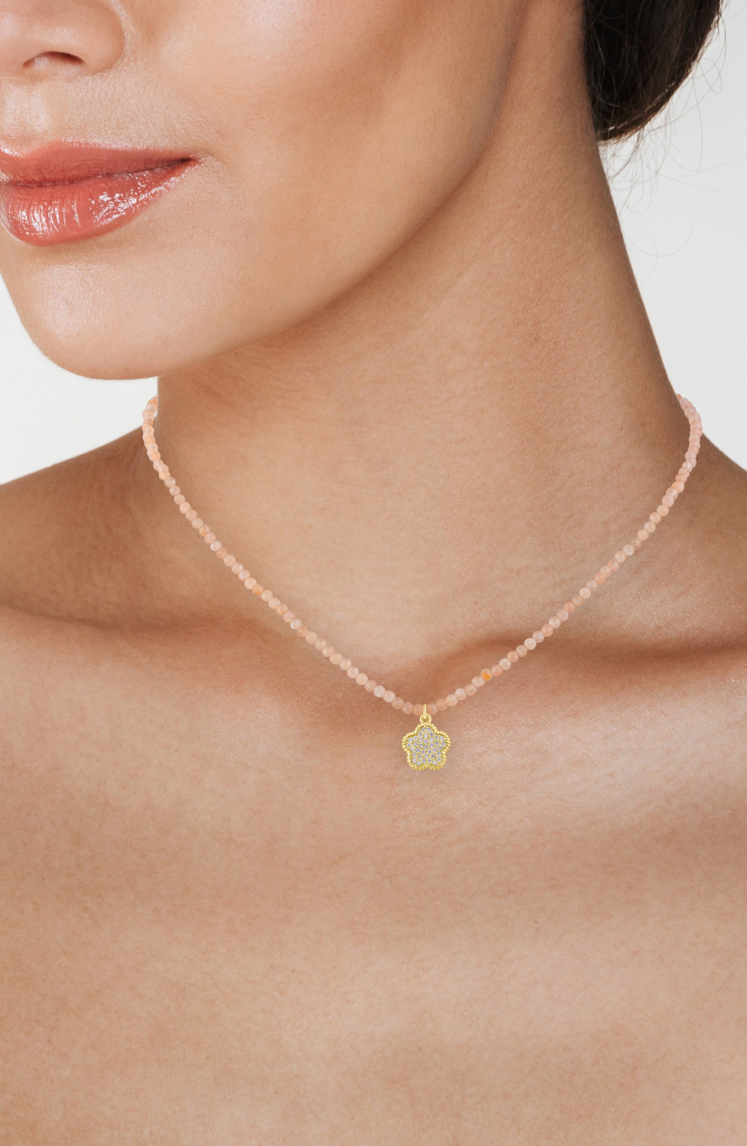 CZ by Kenneth Jay Lane Pavé Cubic Zirconia Clover Pendant Rose Quartz Beaded Necklace