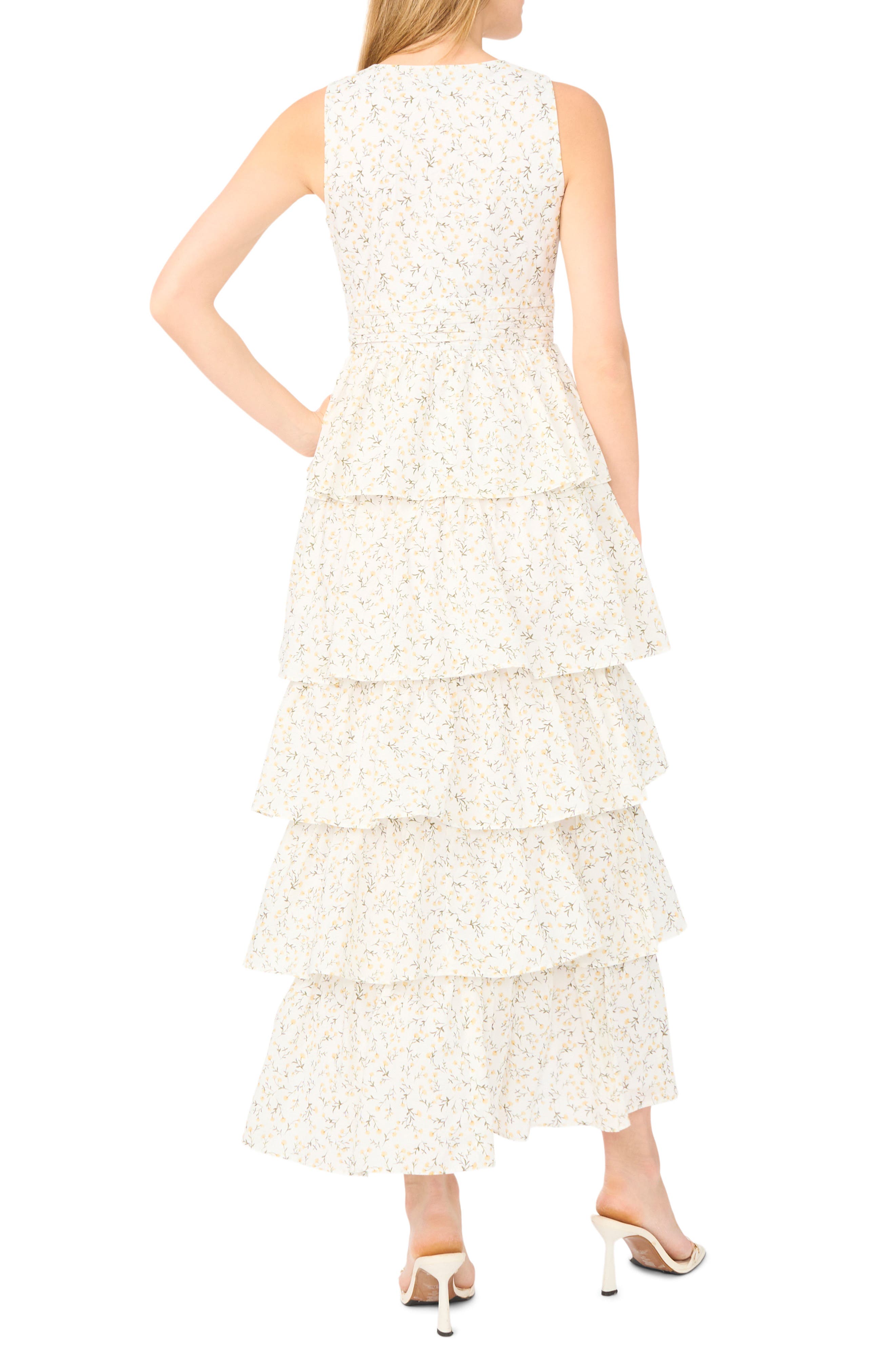 1.STATE Floral Sleeveless Cascade Ruffle Maxi Dress