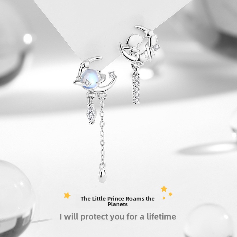 Original Little Prince of the Planet Earrings for Women, 925 Sterling Silver, Summer Korean Style, Ins Niche Moonstone Tassel Earrings
