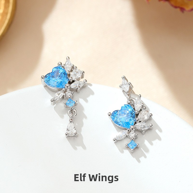 Original design, blue heart-shaped cubic zirconia earrings for women, made of sterling silver, Korean style, versatile for summer, small and fashionable earrings