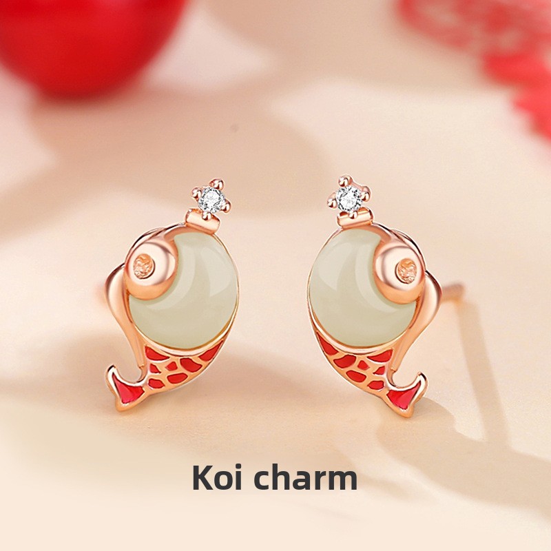 Original Good Luck Koi Fish Earrings for Women, New Chinese Style National Trend Design, Hetian Jade Earrings, Yearly Abundance of Fish Ear Jewelry, 925 Silver