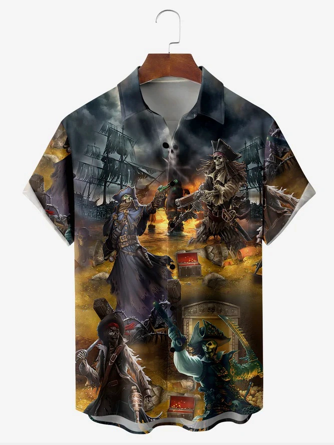 Columbus Day Skeleton Pirate Captain Sailboat Chest Pocket Short Sleeve Hawaiian Shirt