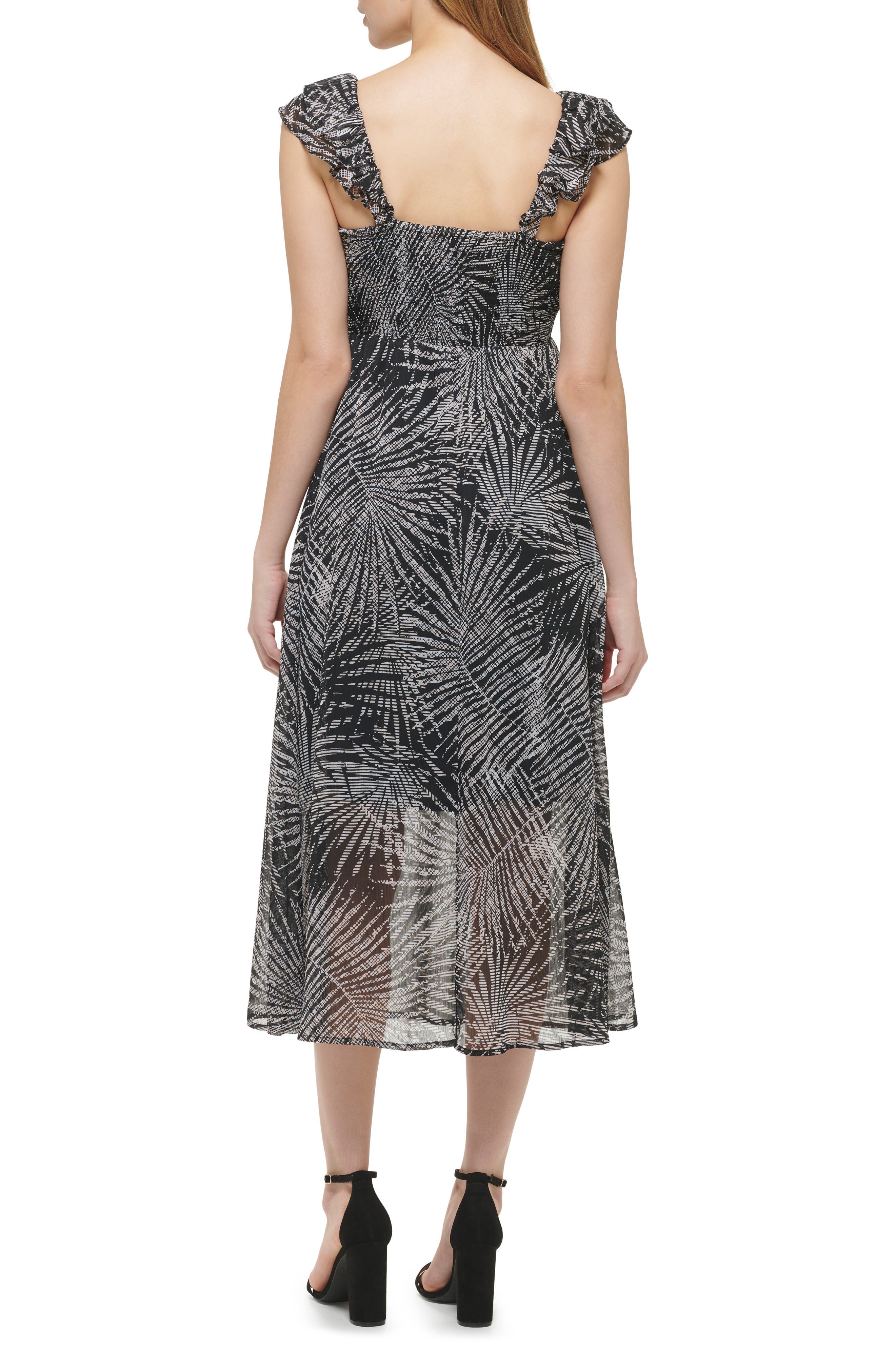Kensie Palm Print Ruffle Empire Waist Chiffon Midi Dress