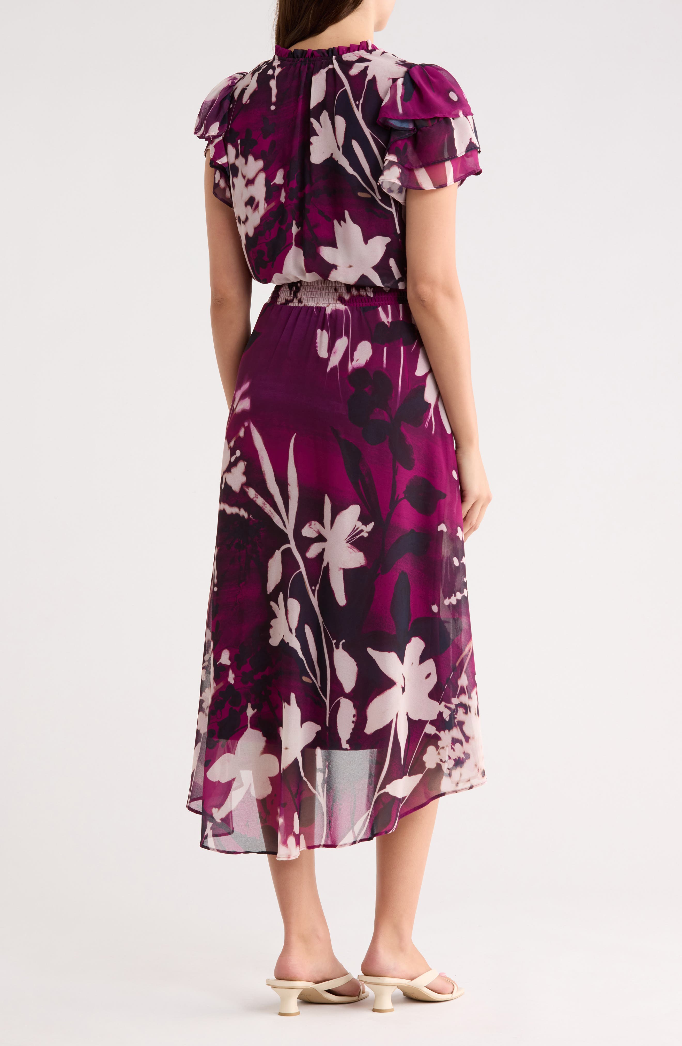 DKNY Floral Flutter Sleeve Chiffon High-Low Dress