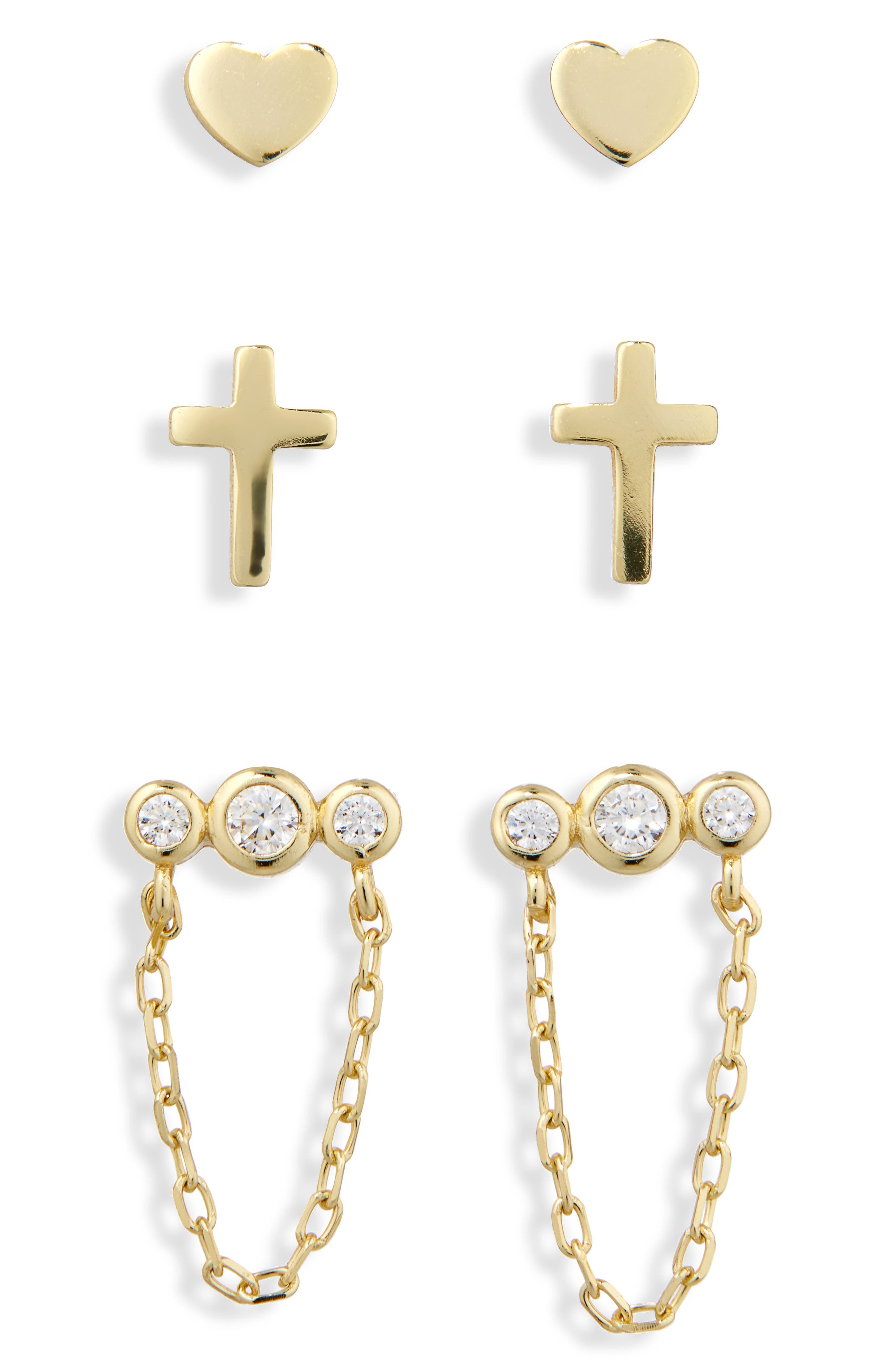 ARGENTO VIVO Pack of 3 Assorted Studs & Crystal Chain Drop Earrings Set