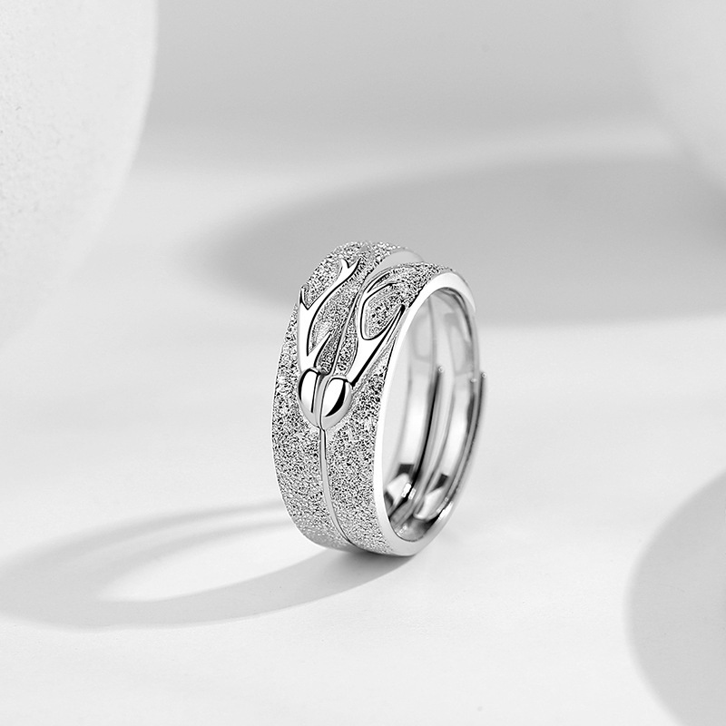 Forest-themed deer couple rings, featuring shimmering sand accents, made of sterling silver, Korean style, popular online, with a unique matte finish and a distinctive design