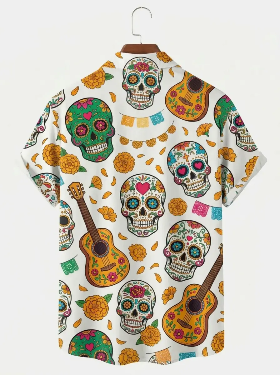 Men's printed shirts Sugar Skull Guitar Aloha Shirt