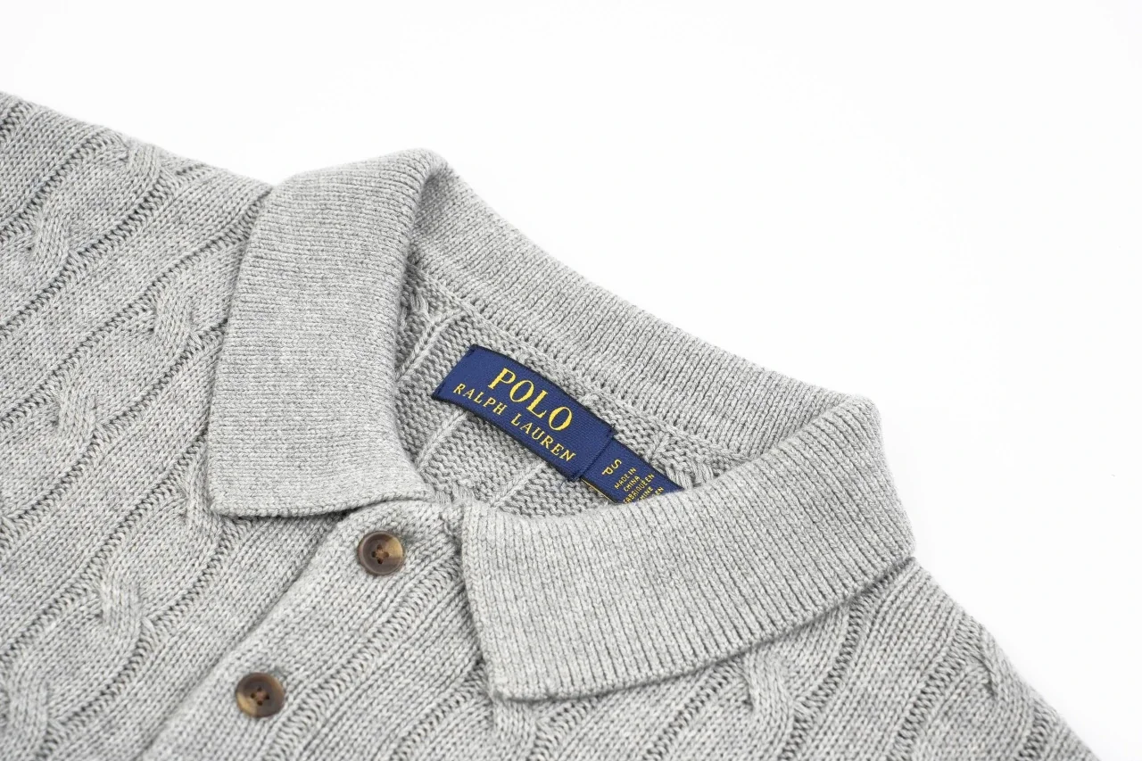 Ralph Lauren Light Grey Pony Embroidered Cable Knit Long Sleeve Polo Sweater product photo from LabelPicks