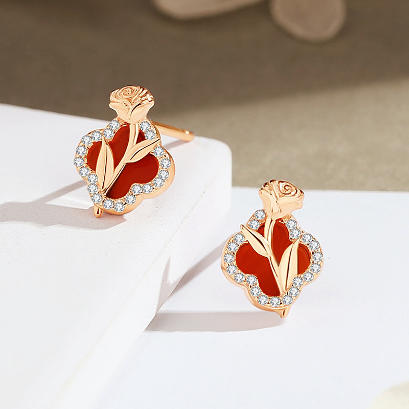 Original four-leaf clover rose flower earrings for women, 925 sterling silver, forest style, ins chic, red agate earrings, holiday gift