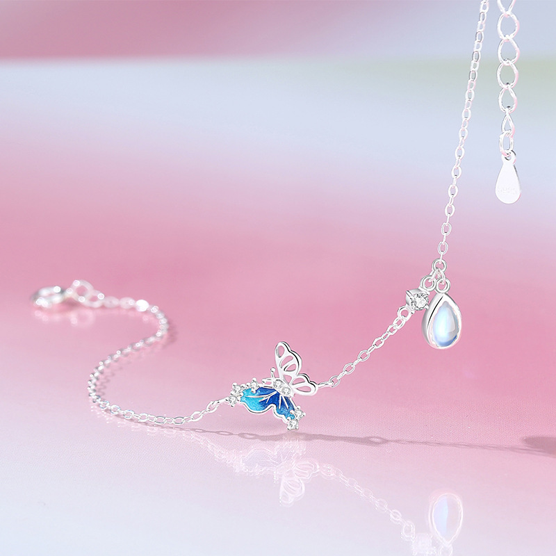 Original water drop butterfly bracelet for women, made of pure silver, featuring a summer forest design, with a fresh and delicate aesthetic, and moonstone accents – a trendy accessory