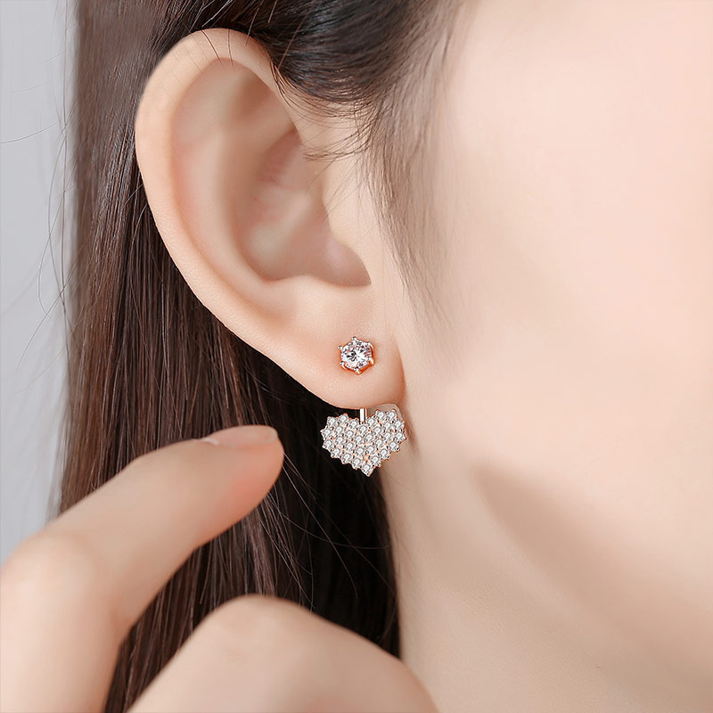 Instantly captivating, these sterling silver earrings feature a Korean-style design, are small and delicate, and exude an elegant and sweet charmThey are adorned with a heart-shaped cubic zirconia, making them a simple yet beautiful pair of earrings