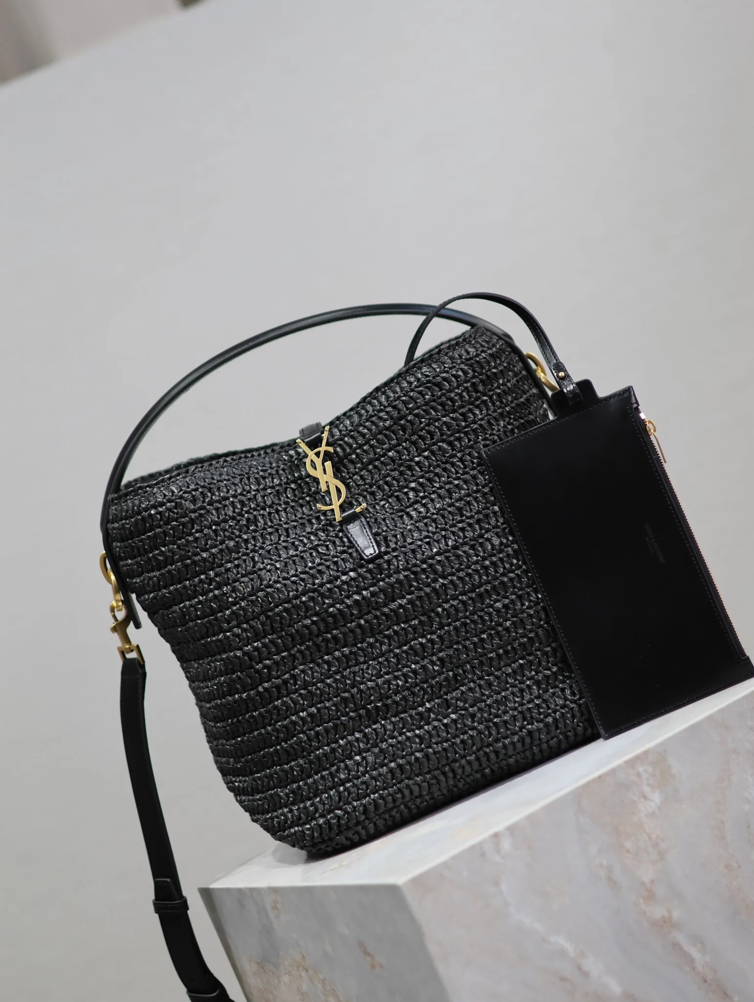Saint Laurent Black Straw Woven Bucket Bag product photo from LabelPicks