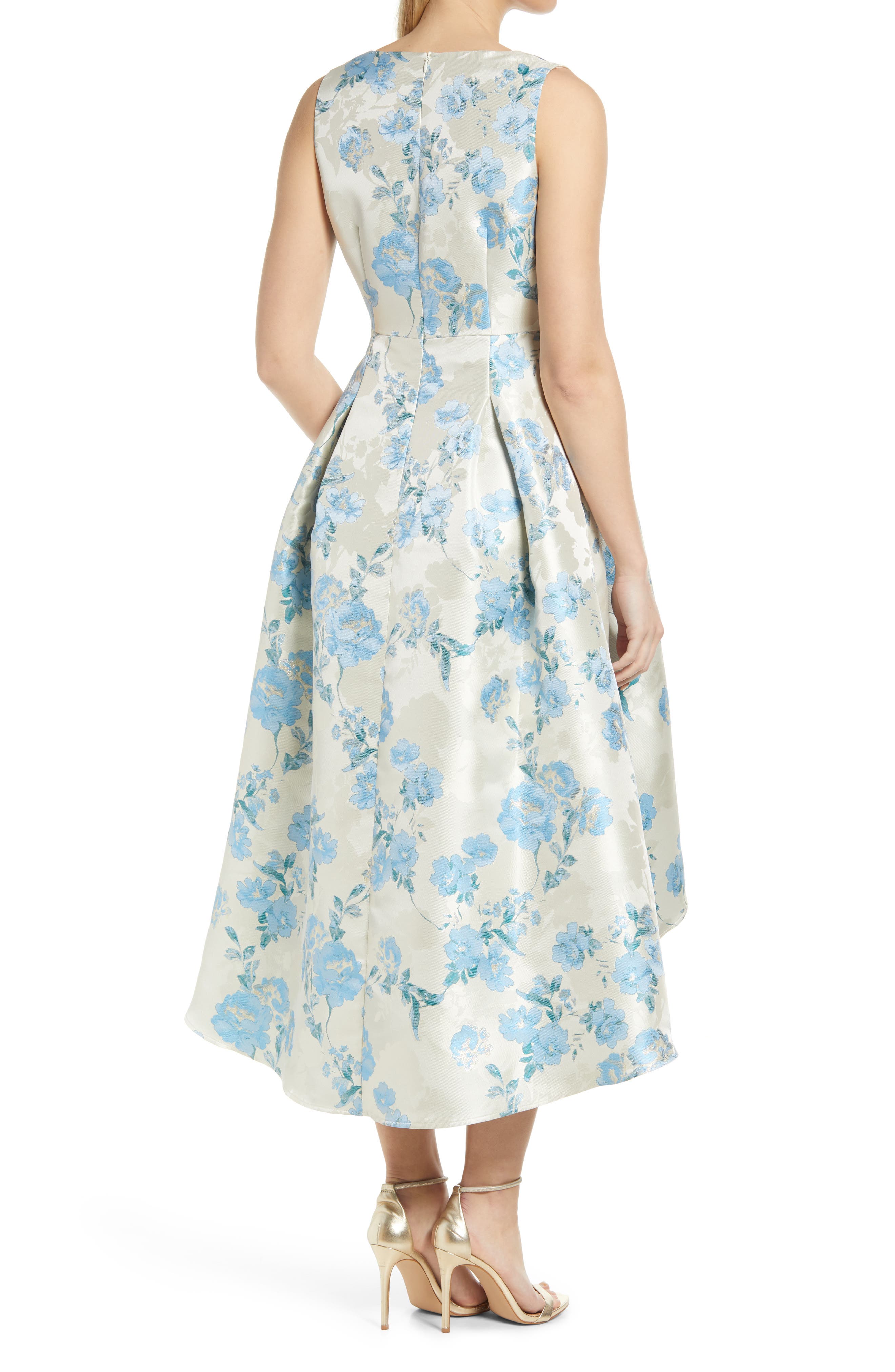 Eliza J Metallic Floral Print High-Low Cocktail Dress