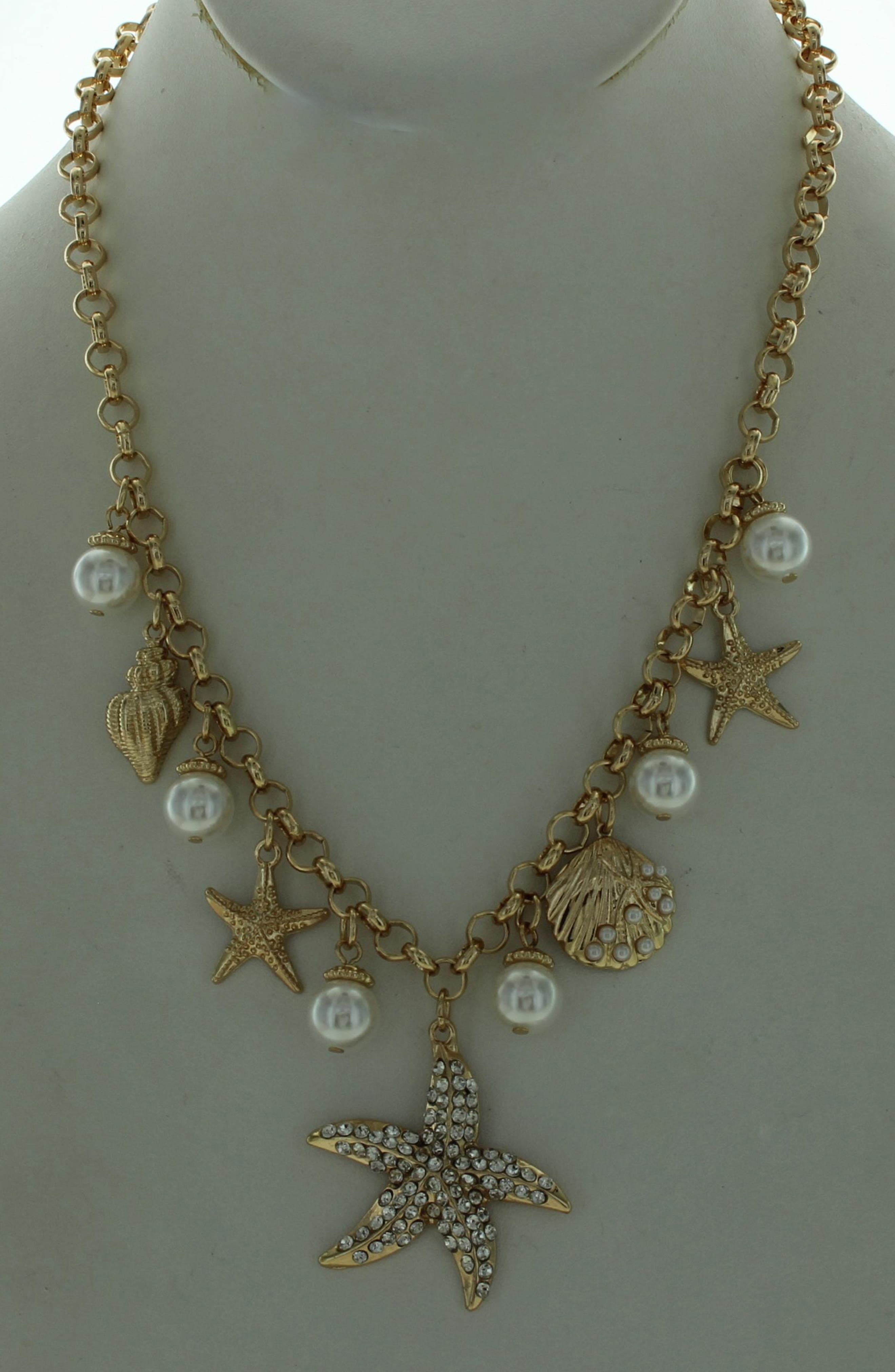OLIVIA WELLES Crystal & Faux Pearl Starfish Charm Necklace