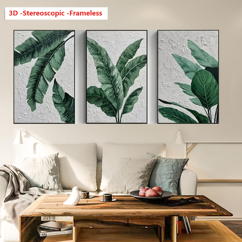 3D Stereoscopic Frameless 3pcs Pure Hand Painting, High Quality 3-Sheet Joint Picture Simple Wall Decoration Oil Painting (Abstract Green Leaves Wabi Sabi Landscape View Art Thick Knife Texture Stereoscopic Visual Sense) Modern Wealth