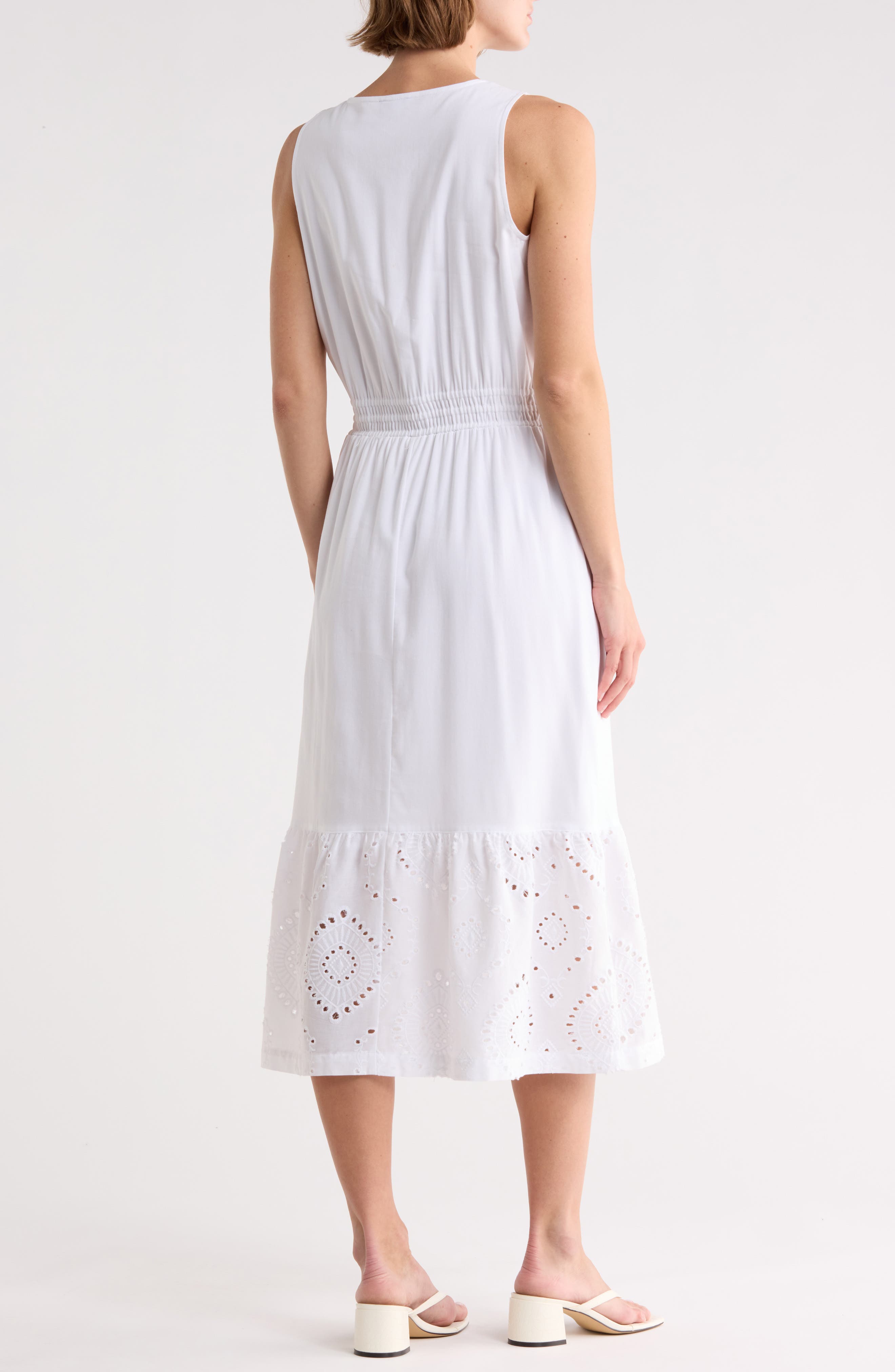 Splendid Embroidered Eyelet Sleeveless Cotton Blend Midi Dress