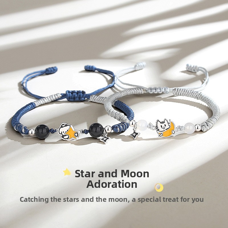 Original Star and Moon Couple Bracelet, Cute and Unique Design, Playful Cat and Dog Charm Bracelet, Christmas Gift