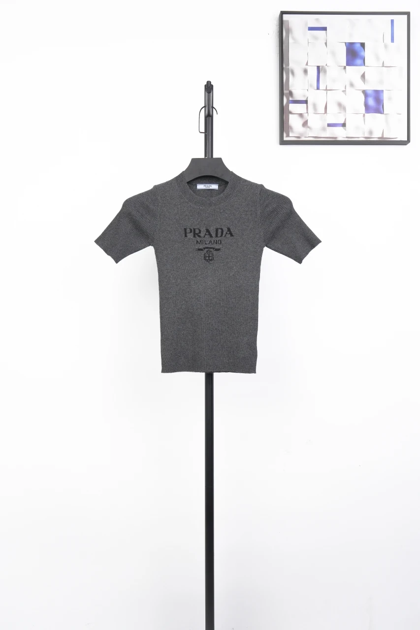 Prada Charcoal Logo Embroidered Half-Sleeve Knit Top product photo from LabelPicks