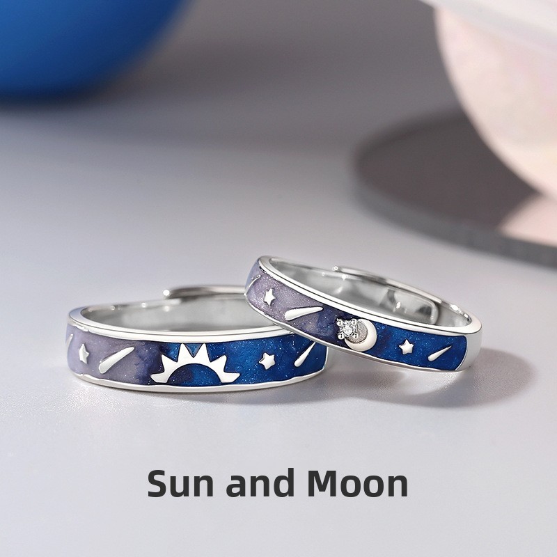 Original new design: Sun and Moon couple rings, sterling silver, a pair, featuring a unique cosmic starry sky design with enamel and resin accents