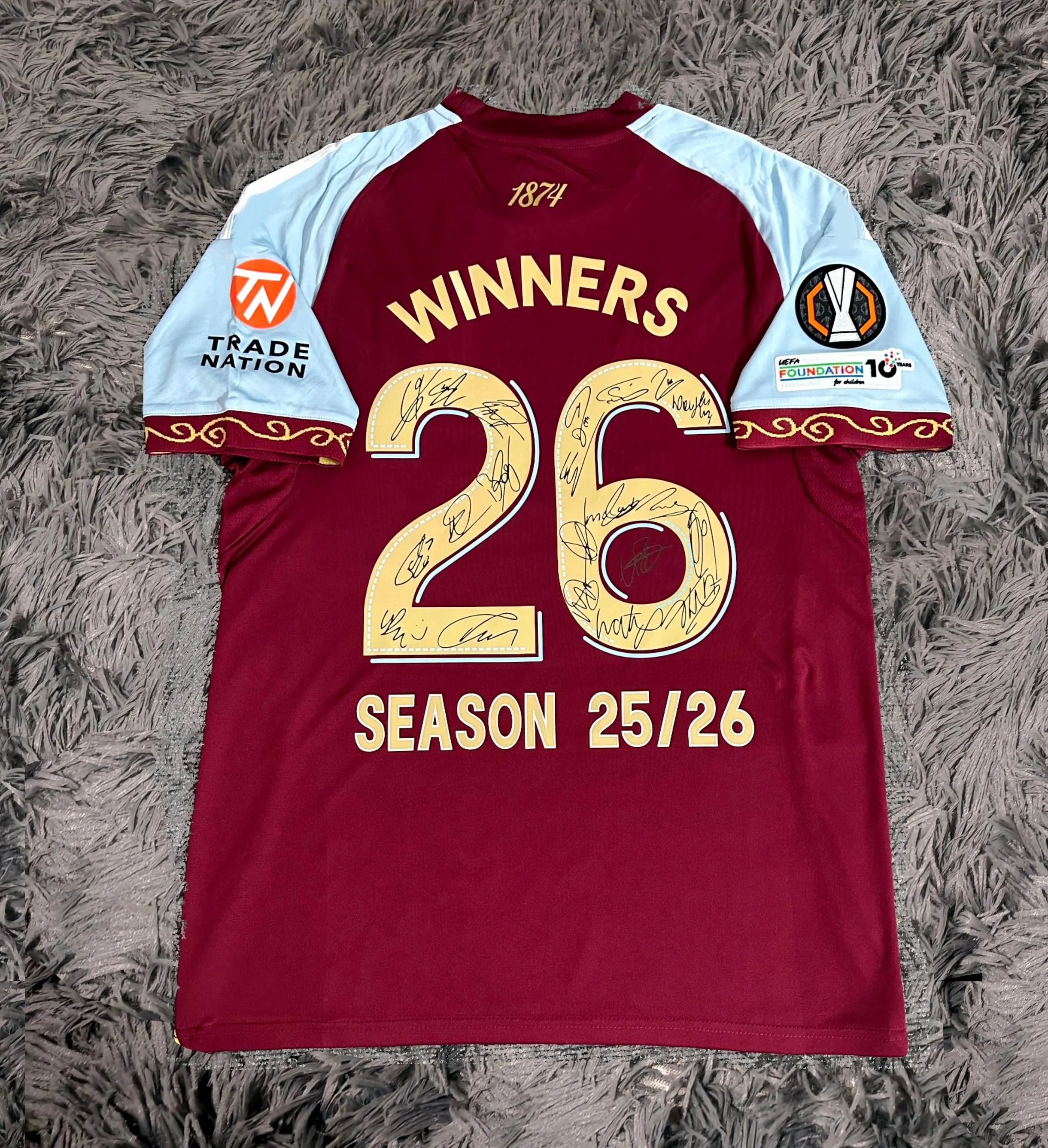 Aston Villa Team SIGNED 25/26 Europa League Winners Shirt Jersey - COA - 2025
