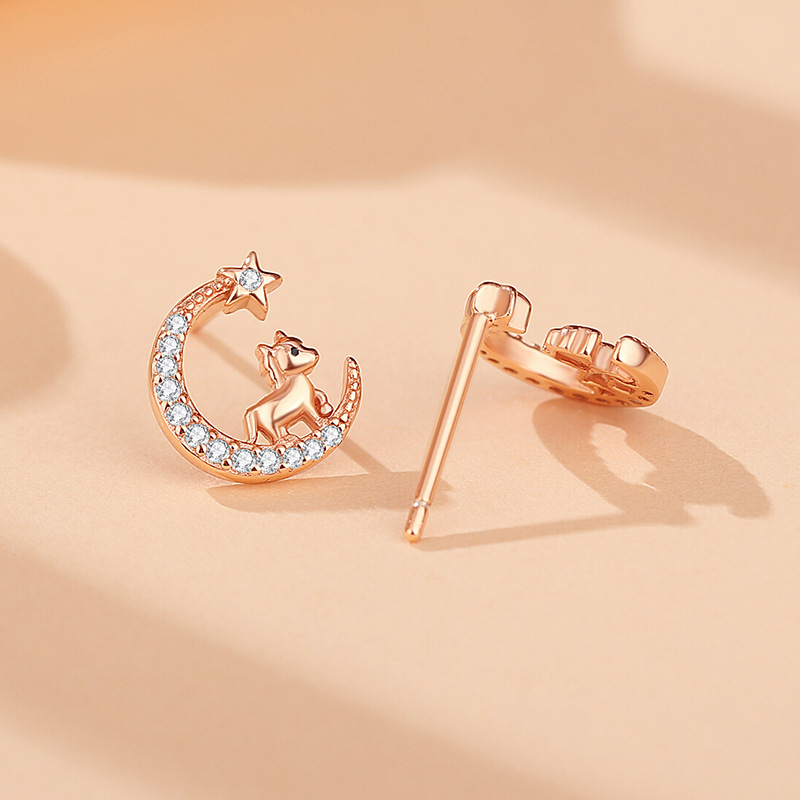 Original Star and Moon Horse Earrings for Women, Pure Silver, Simple New Chinese Style Design, Zodiac Horse Earrings, Rose Gold Ear Jewelry