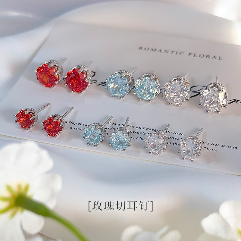 925 sterling silver rose-cut cubic zirconia earrings for women, in Korean and Japanese styles, minimalist, trendy, and with a touch of luxury, perfect for everyday wear and sleep