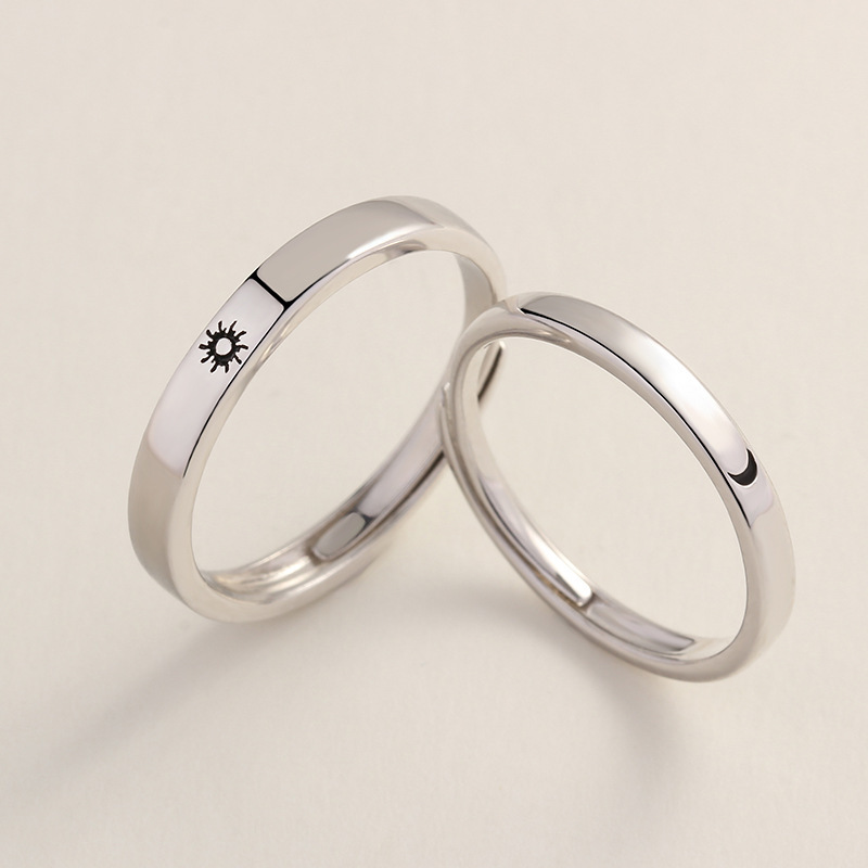 925 sterling silver sun and moon couple rings, Korean style, simple and fashionable, adjustable open rings for students, unisex, ins style