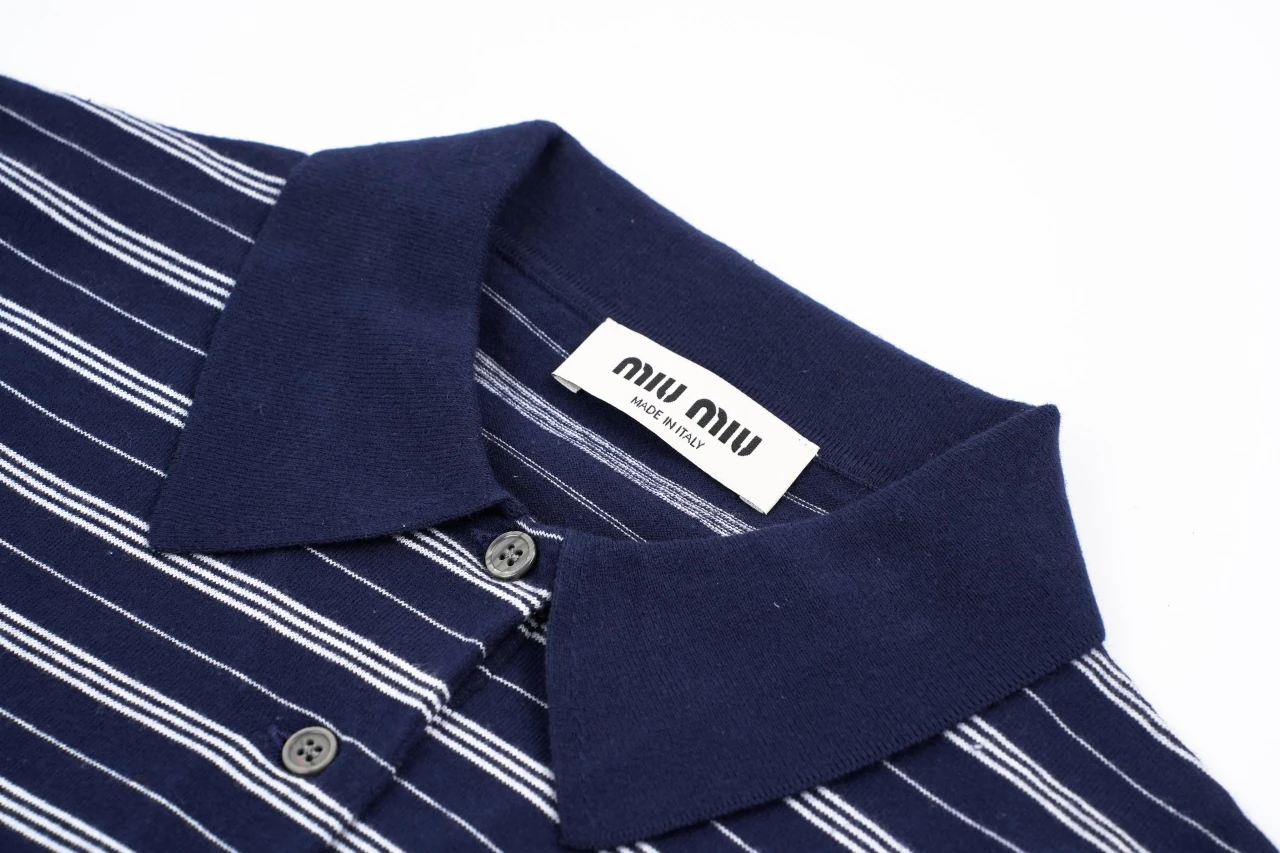 Miu Miu Navy Stripe Logo Intarsia Long Sleeve Polo Shirt product photo from LabelPicks