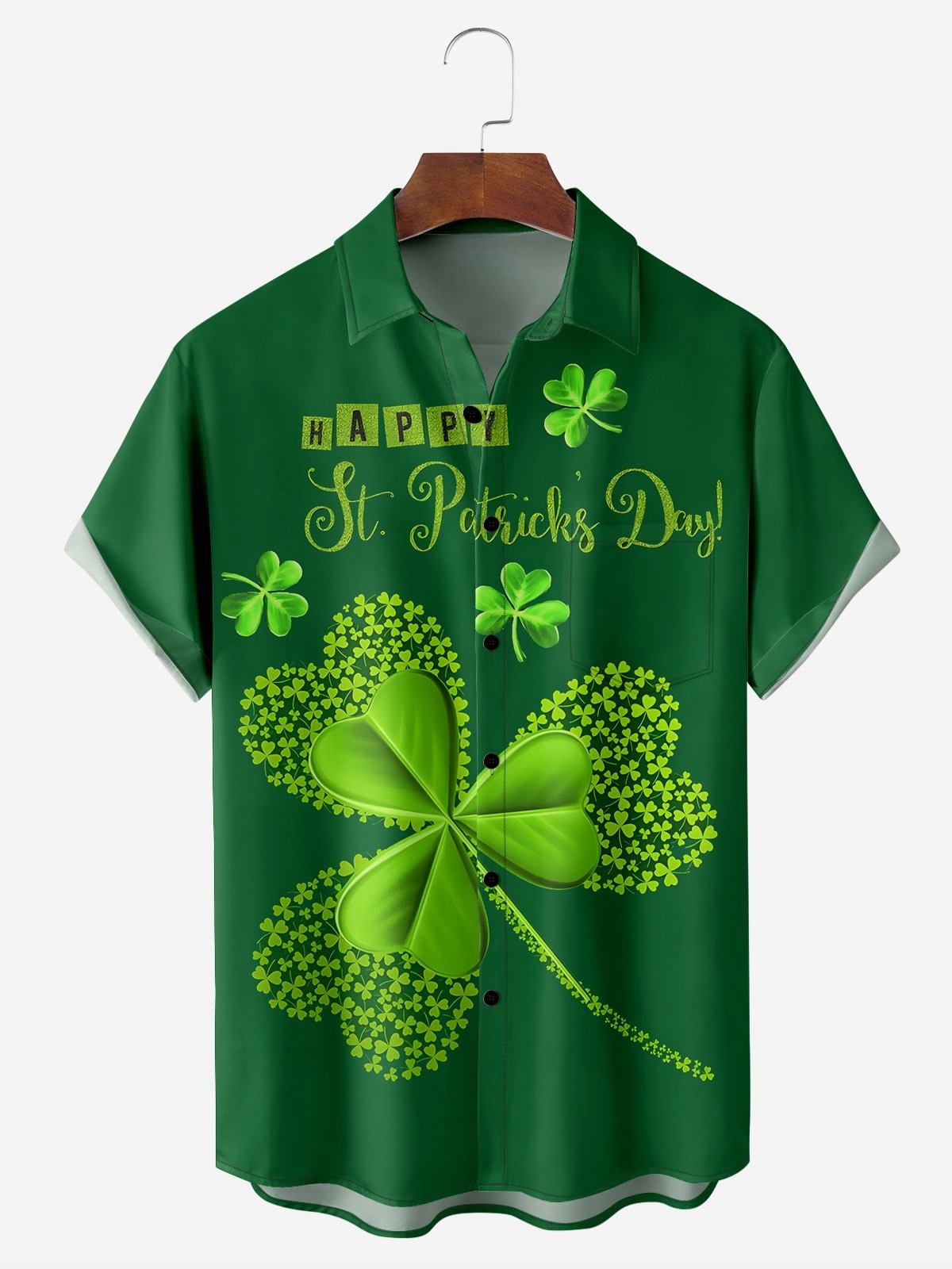 St. Patrick's Day Clover Chest Pocket Short Sleeve Hawaiian Shirt