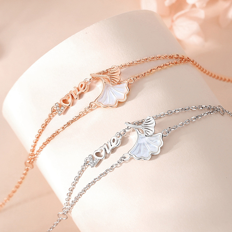 925 sterling silver three-life friendship bracelet for women, autumn new style, ins ginkgo leaf double-layer bracelet, Valentine's Day love jewelry